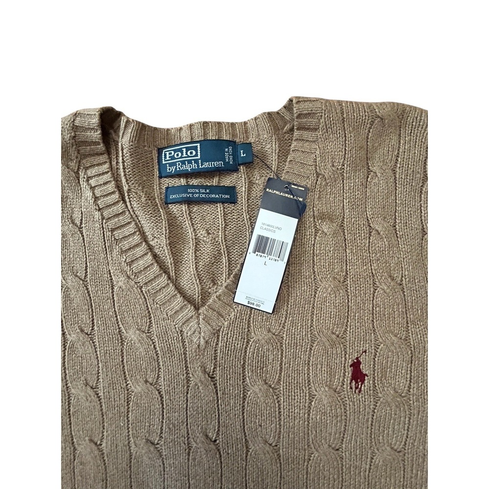 Polo By Ralph Lauren NWT 100% Silk Cable Knit V-Neck Sweater Tan SZ L Mens - Picture 2 of 4
